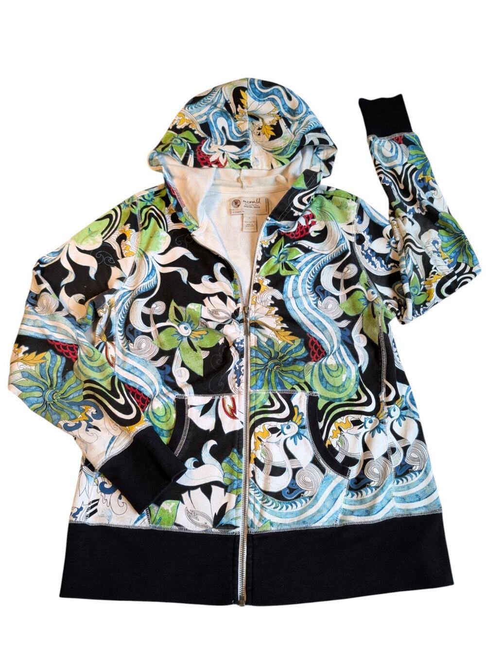 One World Graphic Print Zip Hoodie Womens Large Cropped Cotton Jacket
